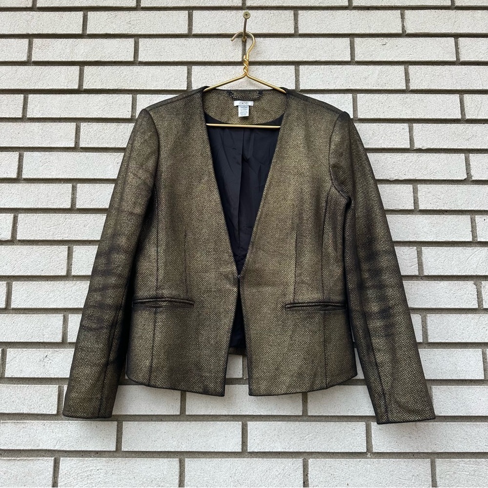Cache Black Gold Metallic Textured Blazer Kiss Hook Evening Jacket 14 Holiday